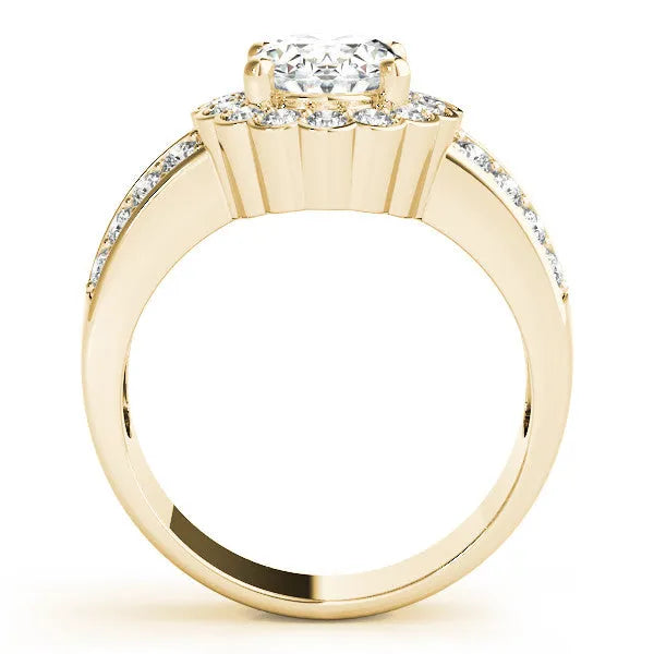 Yellow gold Radiant Cut Halo Diamond Split Shank Ring with Scalloped Prong Setting
