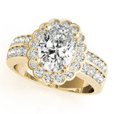 Yellow gold Oval Halo Diamond Split Shank Ring with Scalloped Prong Setting