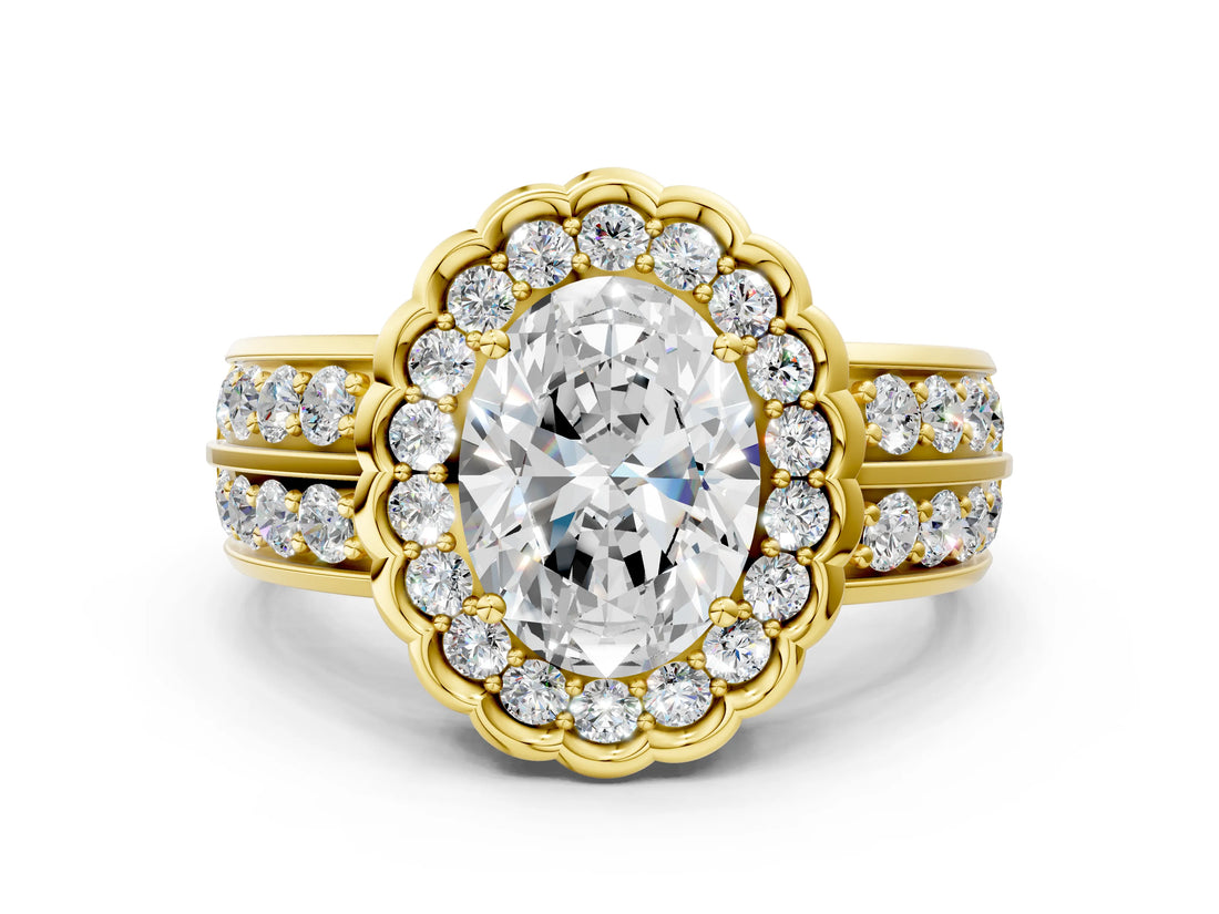 Yellow gold Oval Halo Diamond Split Shank Ring with Scalloped Prong Setting_6