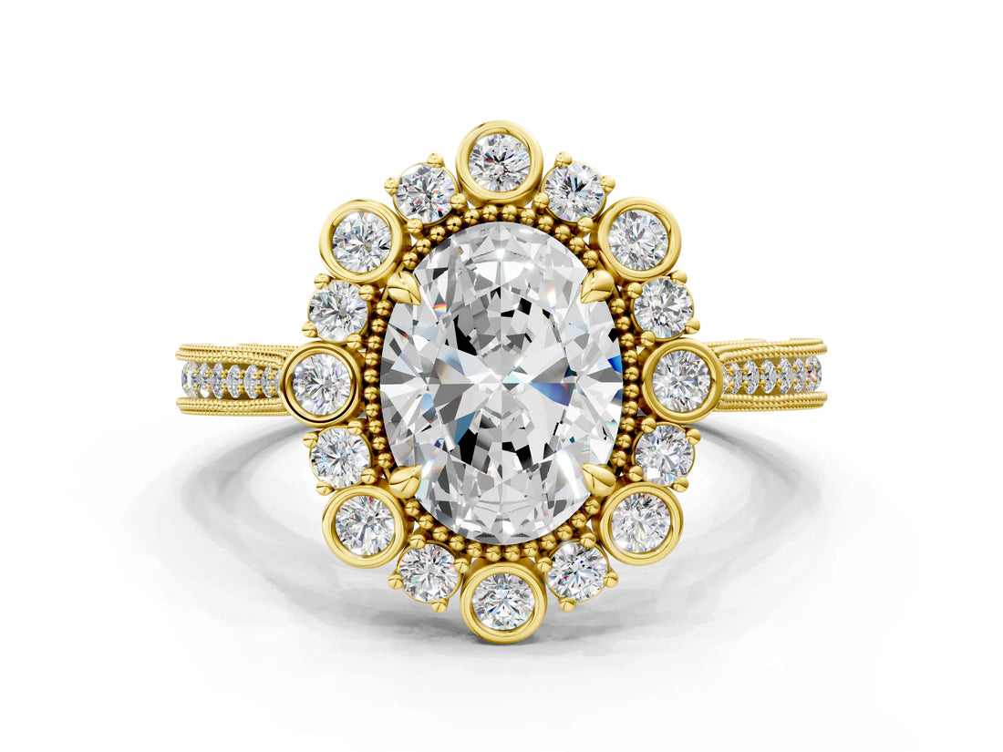 Yellow gold Oval Halo Milgrain Pave Diamond Ring with Four-Prong Setting