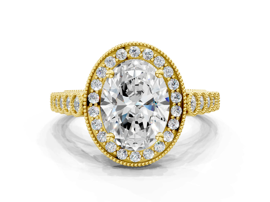 Yellow gold Oval Halo Milgrain Solitaire with Bezel Set Side Stones and Pave Band_32