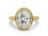 Yellow gold Oval Halo Milgrain Solitaire with Bezel Set Side Stones and Pave Band_32