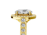Yellow gold Oval Halo Milgrain Solitaire with Bezel Set Side Stones and Pave Band_37