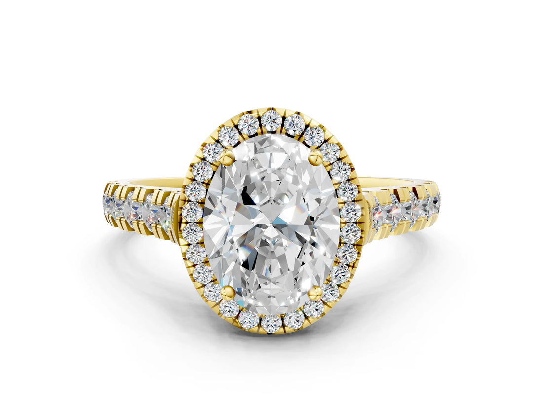 Yellow gold Oval Halo Pavé Diamond Engagement Ring with Four-Prong Setting_26