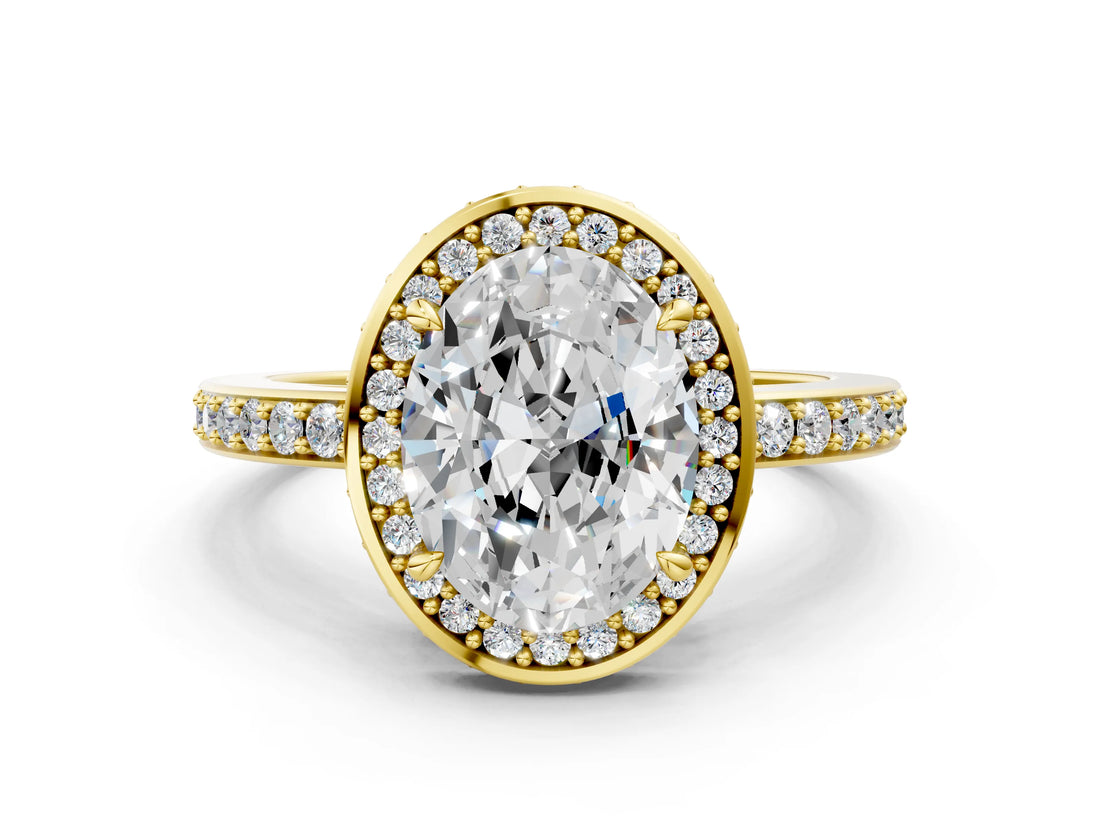 Yellow gold Oval Halo Pave Band Solitaire Ring with Prong Setting_66