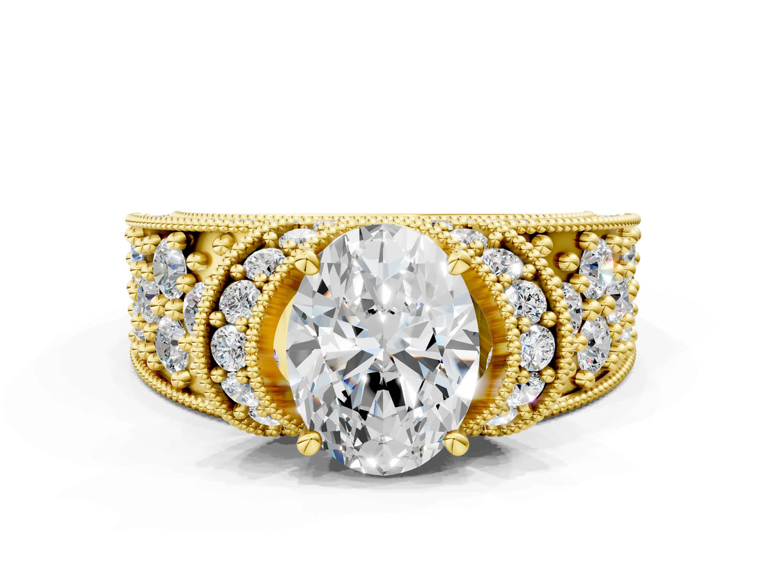 Yellow gold Oval Halo Pave Diamond Engagement Ring with Milgrain Detailing_49