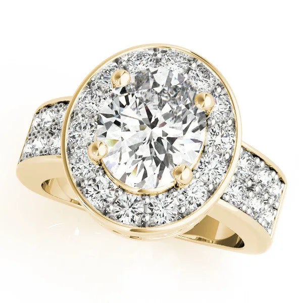Yellow gold Oval Halo Pave Diamond Ring with Four-Prong Setting