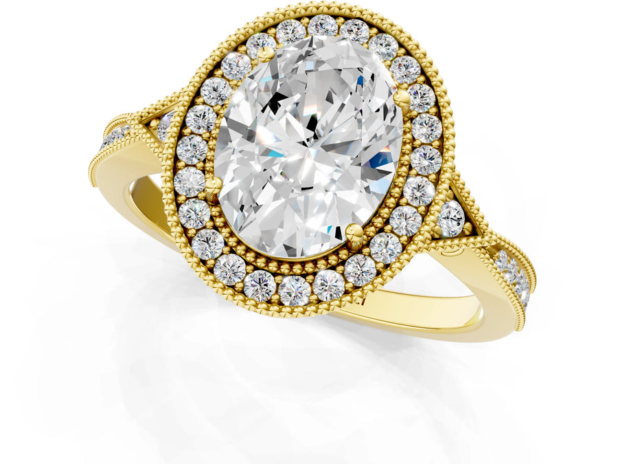 Yellow gold Oval Halo Round Diamond Milgrain Pave Engagement Ring