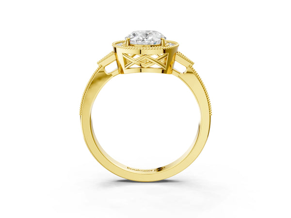 Yellow gold Oval Halo Round Diamond Milgrain Pave Engagement Ring