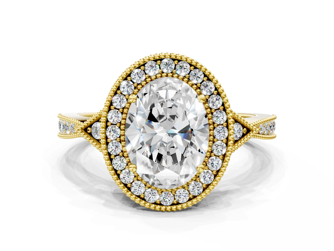 Yellow gold Oval Halo Round Diamond Milgrain Pave Engagement Ring_9
