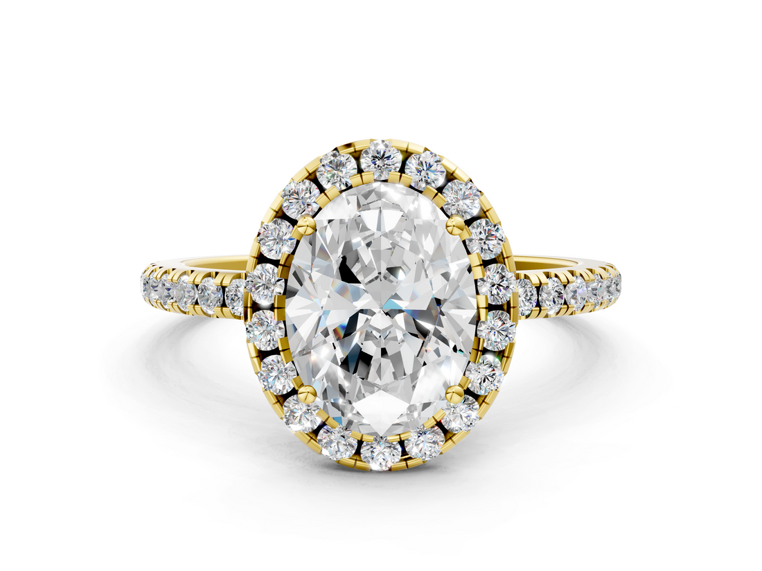 Yellow gold Oval Halo Round Diamond Pavé Band Four-Prong Ring_3
