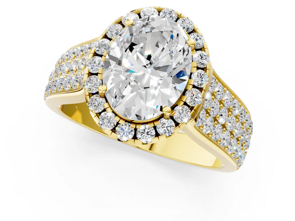 Yellow gold Oval Halo Round Diamond Pave Band with Prong Setting