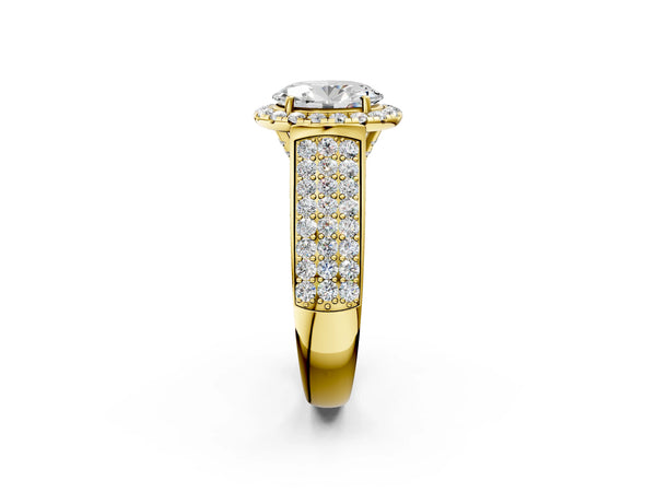 Yellow gold Oval Halo Round Diamond Pave Band with Prong Setting