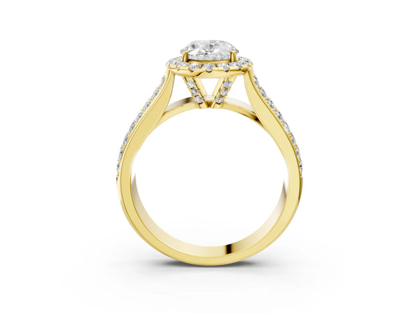 Yellow gold Oval Halo Round Diamond Pave Band with Prong Setting