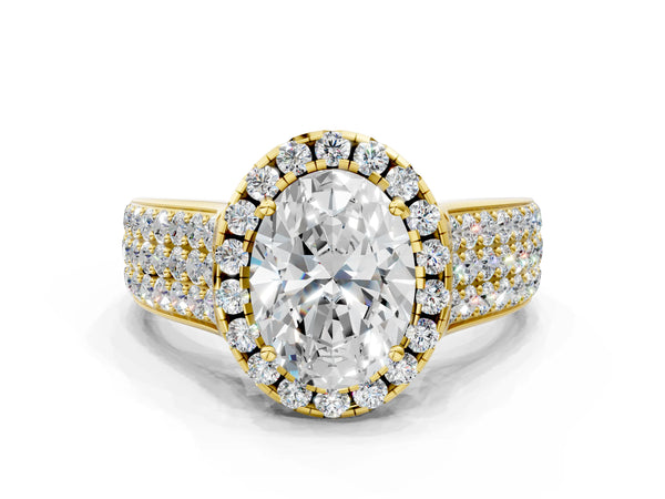 Yellow gold Oval Halo Round Diamond Pave Band with Prong Setting
