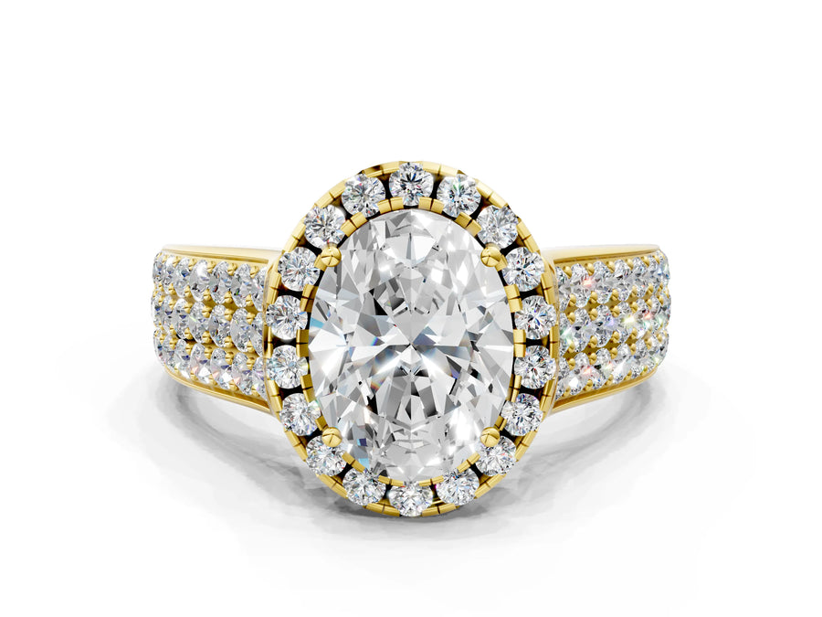 Yellow gold Oval Halo Round Diamond Pave Band with Prong Setting