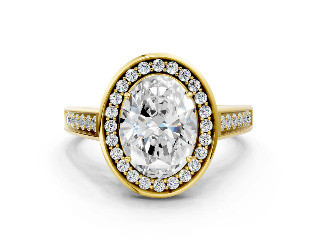 Yellow gold Oval Halo Solitaire Diamond Ring with Pave Band and Bezel Setting_48