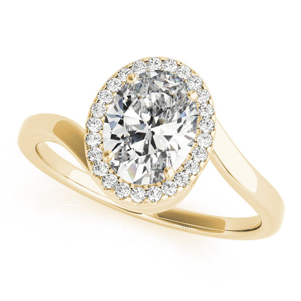 Yellow gold Oval Halo Solitaire Diamond Ring with Split Shank and Prong Setting
