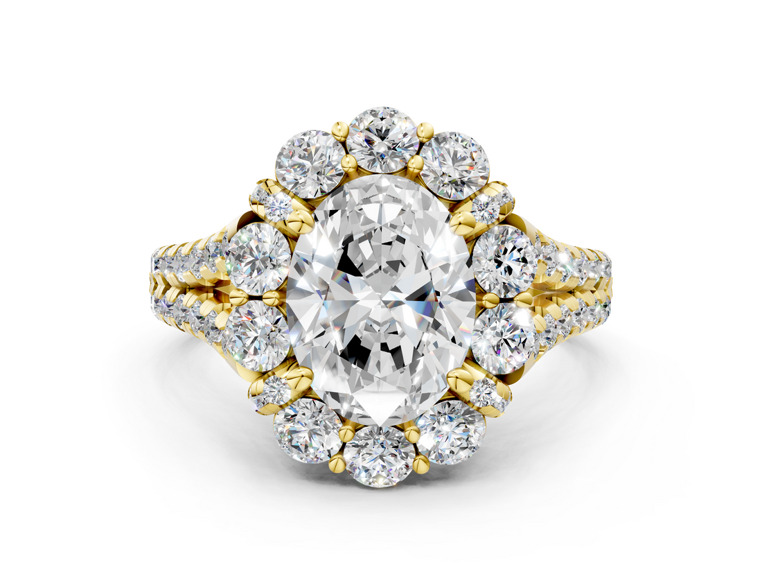Yellow gold Oval Halo Split Shank Diamond Engagement Ring with Pave Band and Four-Prong Setting_53