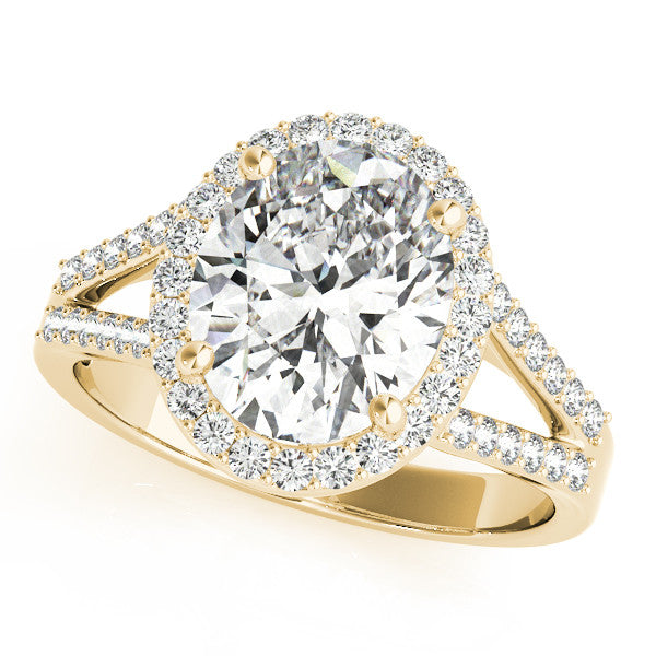 Yellow gold Oval Halo Split Shank Diamond Ring with Four-Prong Setting