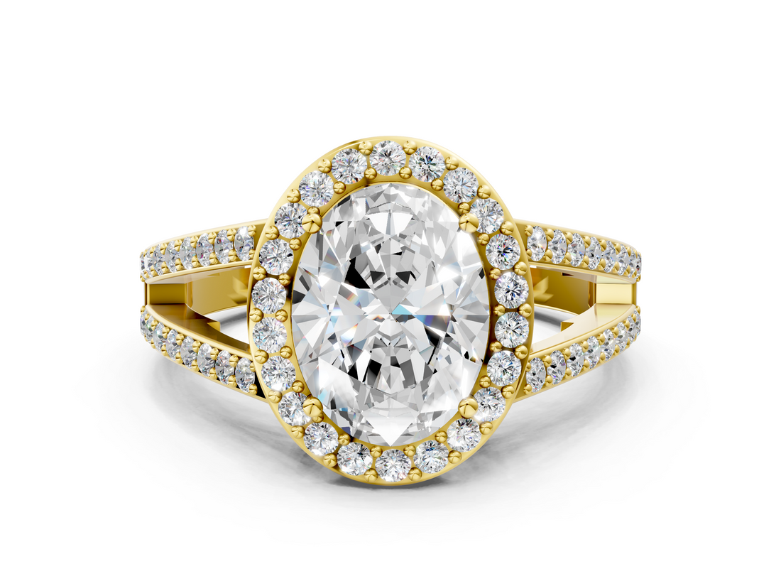 Yellow gold Oval Halo Split Shank Diamond Ring with Four-Prong Setting_34