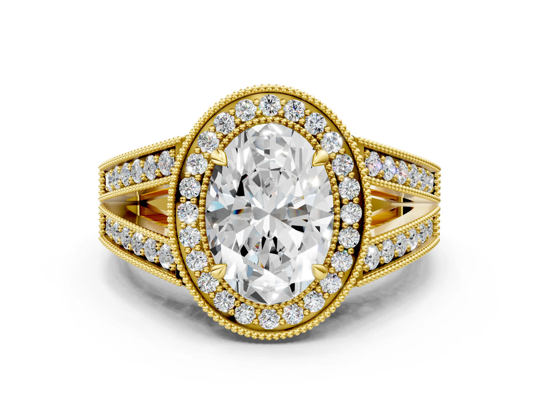 Yellow gold Oval Halo Split Shank Diamond Ring with Milgrain Prong Setting_6