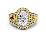 Yellow gold Oval Halo Split Shank Diamond Ring with Milgrain Prong Setting_6