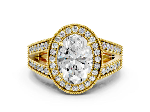 Yellow Gold Oval Vintage Milgrain Halo Engagement Ring Setting with Pave Split Shank