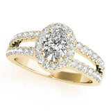 Yellow gold Oval Halo Split Shank Diamond Ring with Prong Setting