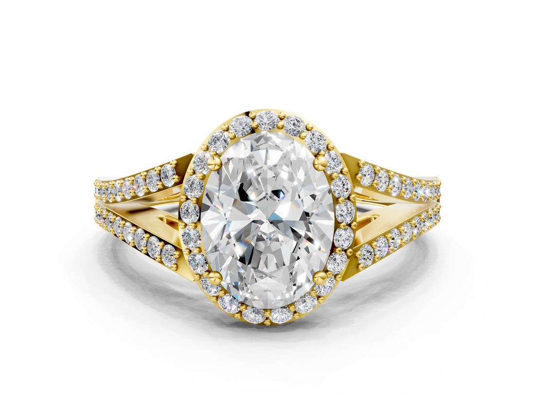 Yellow gold Oval Halo Split Shank Diamond Ring with Prong Setting_19