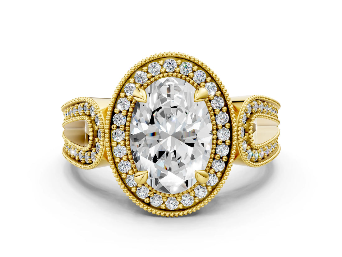 Yellow gold Oval Halo Split Shank Milgrain Diamond Ring_18