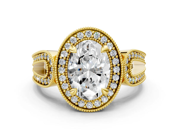 Yellow Gold Oval Vintage Milgrain Halo Engagement Ring Setting with Pave Loop Shoulders