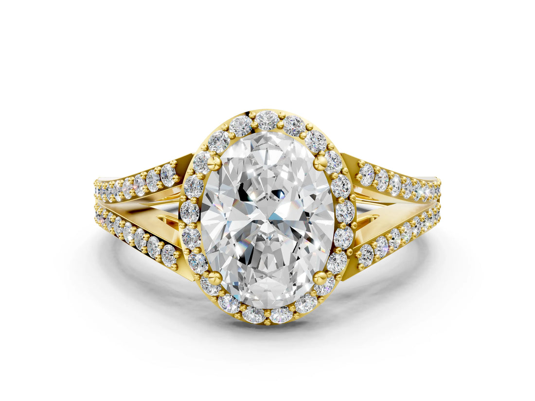 Yellow gold Oval Halo Split Shank Pave Diamond Ring with Four-Prong Setting_49