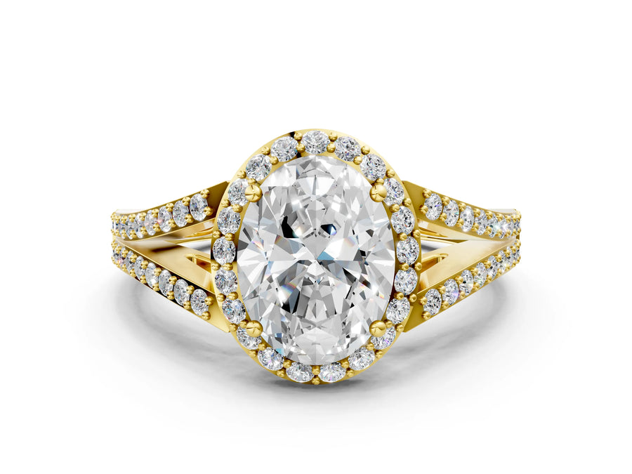 Yellow gold Oval Halo Split Shank Pave Diamond Ring with Four-Prong Setting