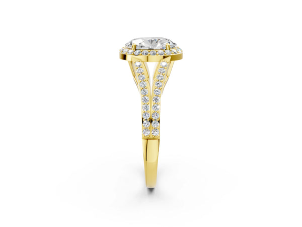 Yellow gold Oval Halo Split Shank Pave Diamond Ring with Four-Prong Setting