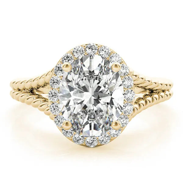 Yellow gold Oval Halo Split Shank Twisted Band Prong Set Ring