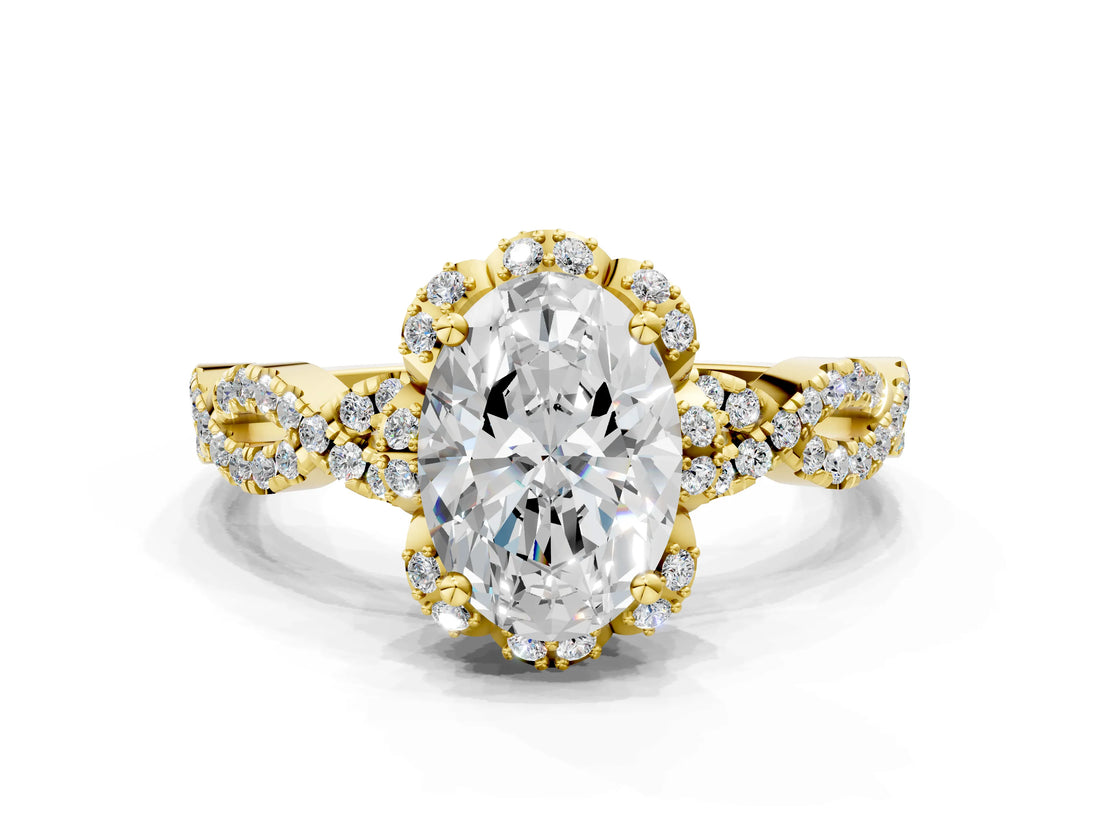 Yellow gold Oval Halo Twist Band Solitaire Ring with Six-Prong Setting_32