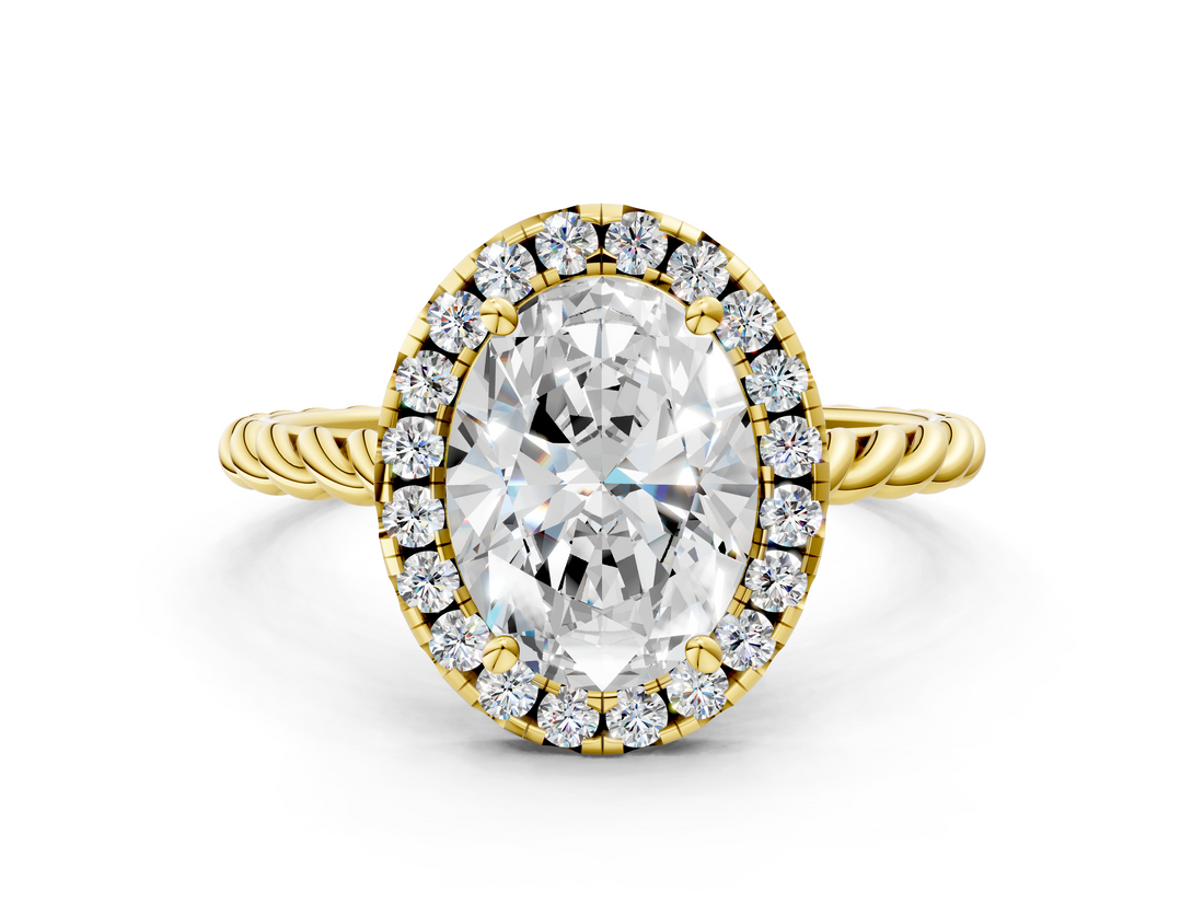 Yellow gold Oval Halo Twisted Band Four-Prong Diamond Ring_20
