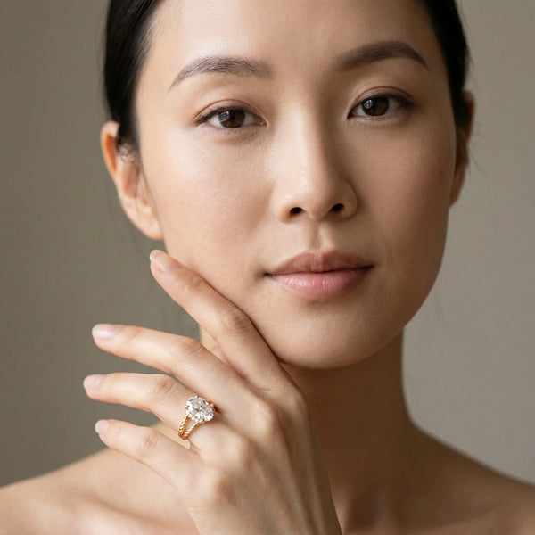 Yellow gold Oval Halo Twisted Band Four-Prong Ring
