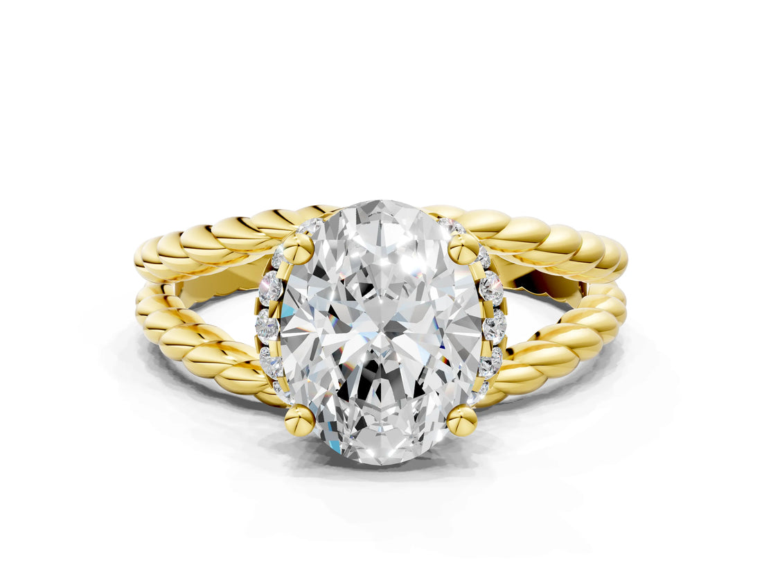 Yellow gold Oval Halo Twisted Band Four-Prong Ring_36