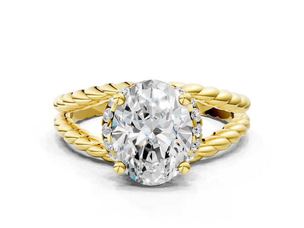 Yellow gold Oval Halo Twisted Band Four-Prong Ring