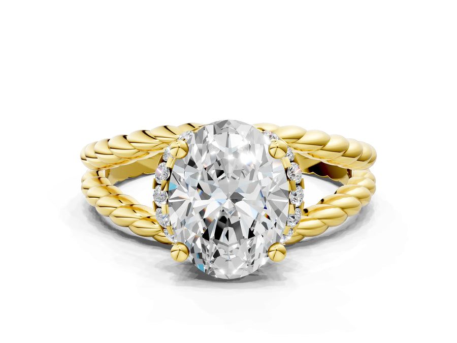 Yellow gold Oval Halo Twisted Band Four-Prong Ring
