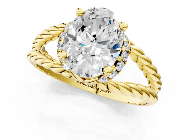 Yellow gold Oval Halo Twisted Band Four-Prong Ring