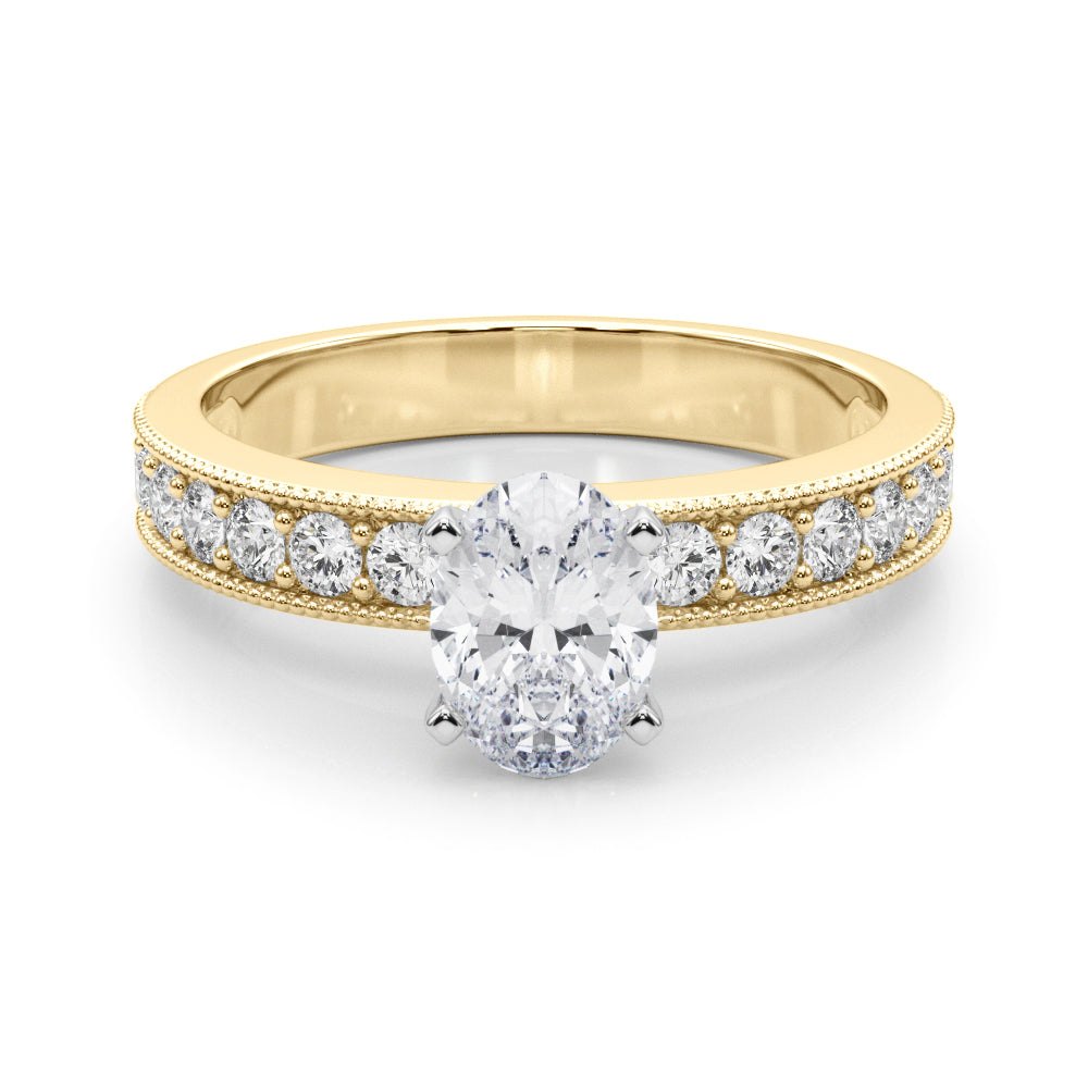 Yellow gold Oval Milgrain Pave Diamond Engagement Ring with Four-Prong Setting 1