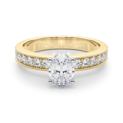 Yellow gold Oval Milgrain Pave Diamond Engagement Ring with Four-Prong Setting 1