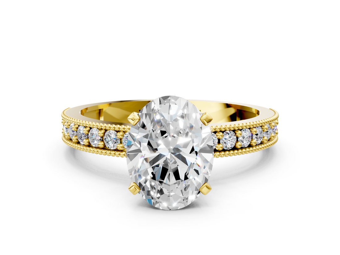 Yellow gold Oval Milgrain Pave Diamond Engagement Ring with Four-Prong Setting_155
