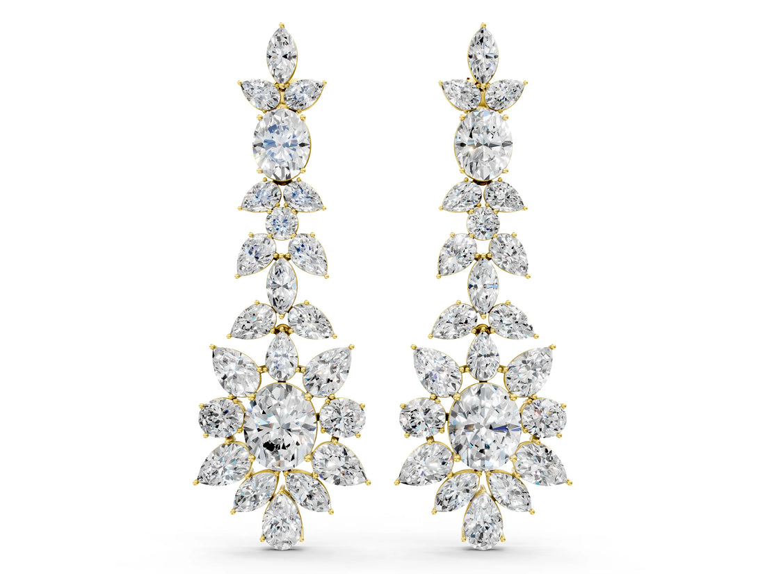 Yellow gold Oval, Pear, Marquise and Round Diamond Floral Cascade Drop Earrings_16