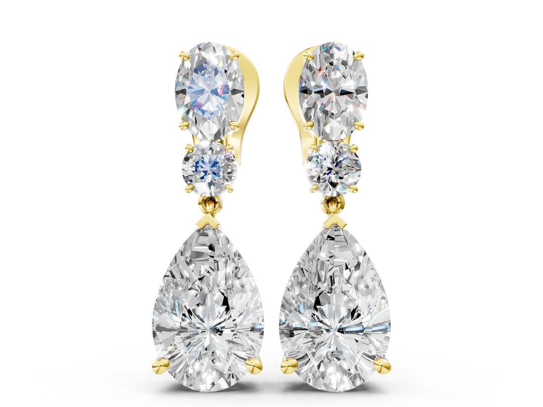 Yellow gold Oval, Round and Pear Diamond Huggie Drop Earrings