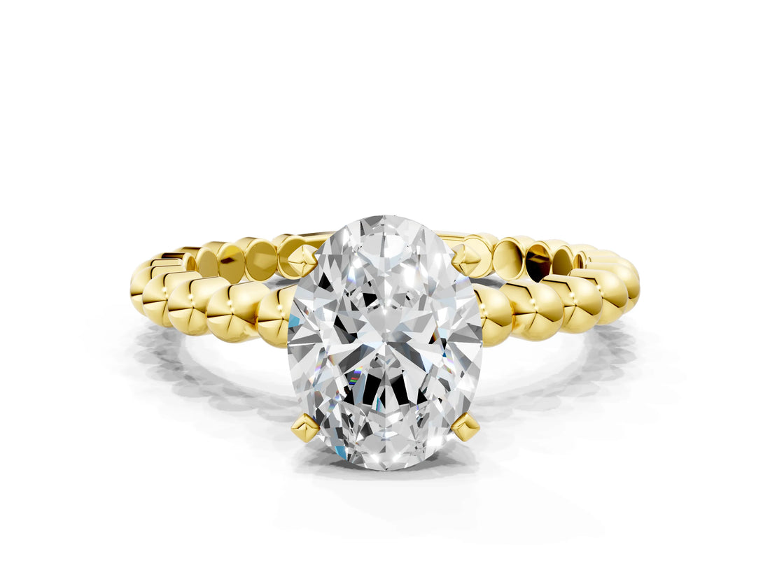 Yellow gold Oval Solitaire Beaded Band Prong Setting Ring