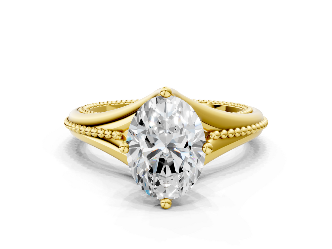 Yellow gold Oval Solitaire Beaded Band Six-Prong Setting_4